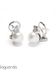 Earrings Tú y Yo white gold with pearls and natural diamonds
