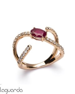 Anillo de oro rosa 18 quilates con diamantes y rubí naturales 